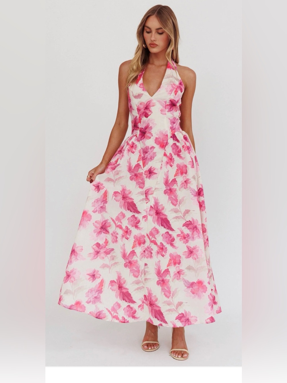 Angel Biba Pink Floral Halter Maxi Dress